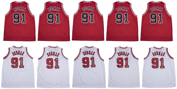Lot of (10) Dennis Rodman Signed Chicago Bulls Jerseys (5 Home & 5 Away) (PSA/DNA)